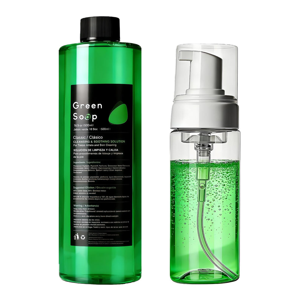 Yuelong 16.9oz Green Tattoo Soap Kit with 7oz Foam Bottle — Ultra-Concentrated Pro Cleaning