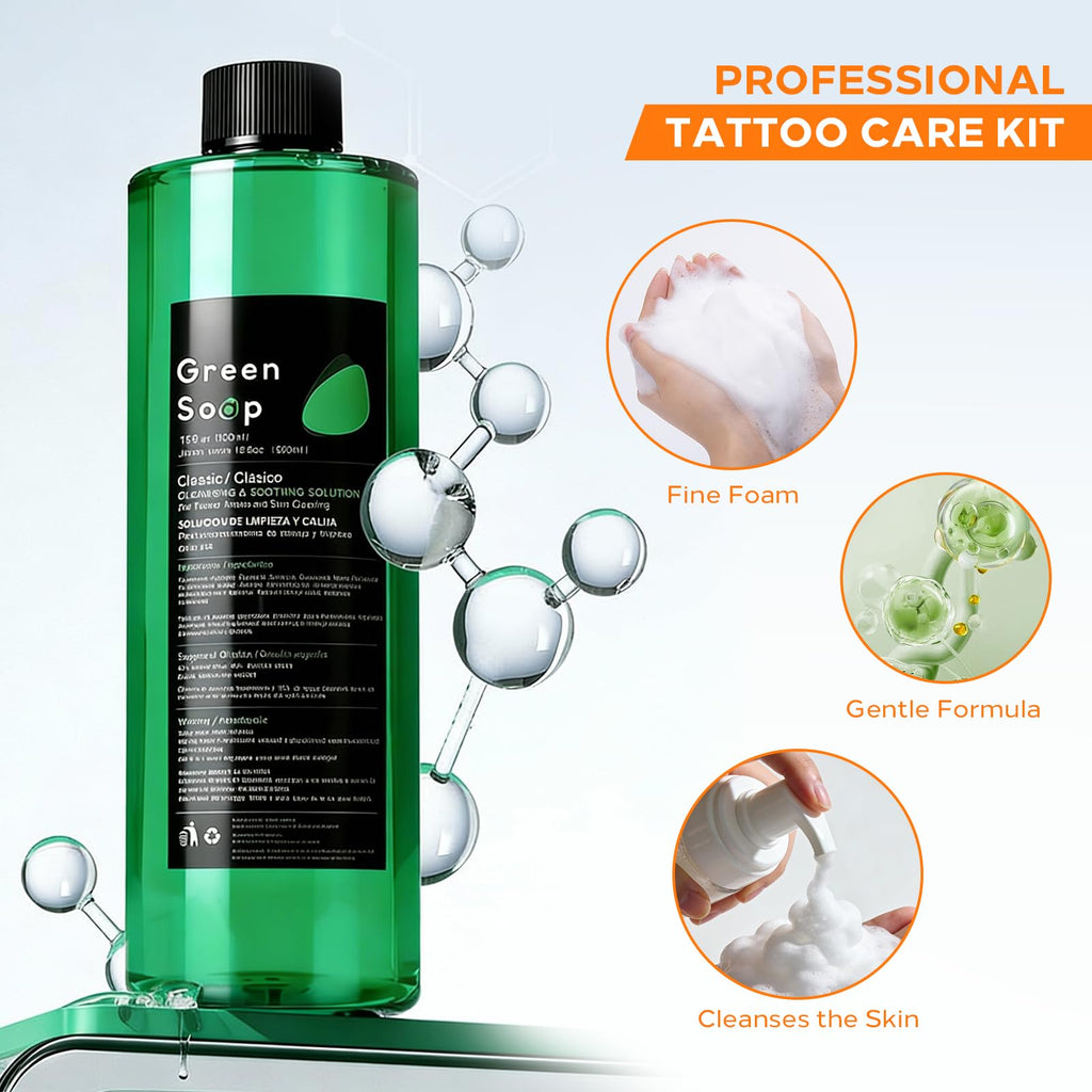 Yuelong 16.9oz Green Tattoo Soap Kit with 7oz Foam Bottle — Ultra-Concentrated Pro Cleaning