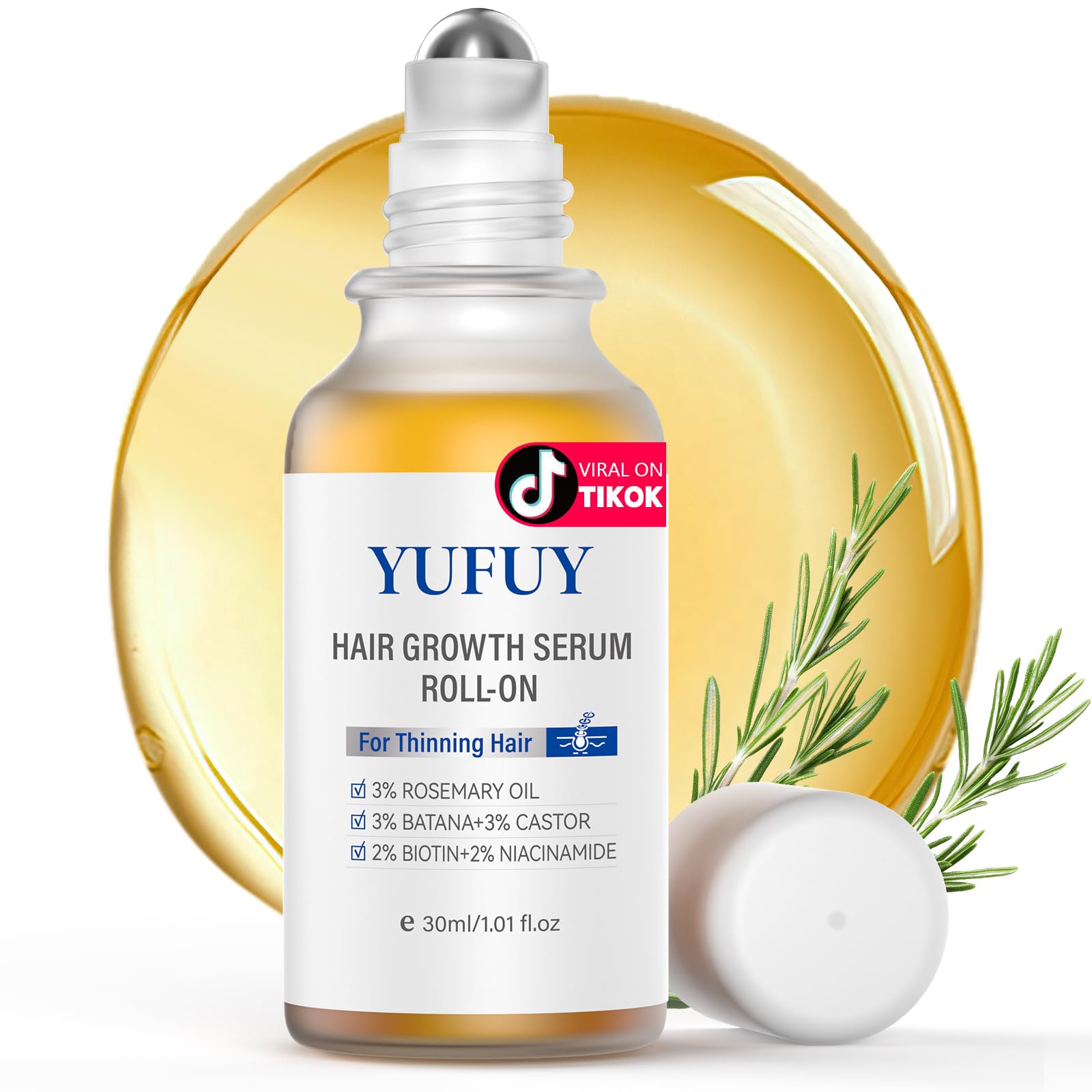 YUFUY Hair Growth Serum Roll-On – No-Rinse, Fast-Absorbing with Rosemary, Castor, Batana Oil & Biotin Niacinamide