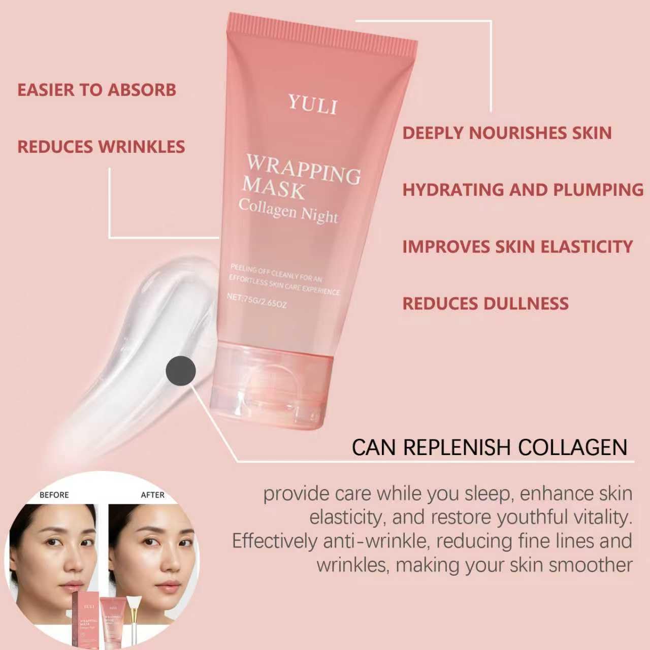 YULI Collagen Night Wrap Mask – Overnight Peel-Off Facial Mask for Hydration, 2.54 fl oz