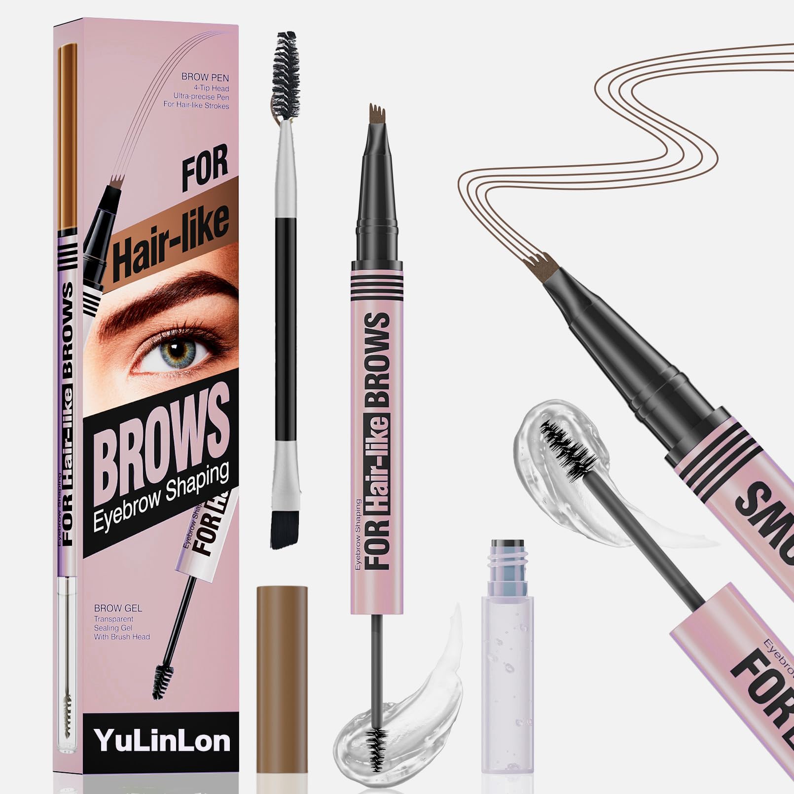 Yulinlon 2-in-1 Eyebrow Pen & Gel - 4-Tip Precision, Waterproof, 5 Natural Shades (02 Brown)
