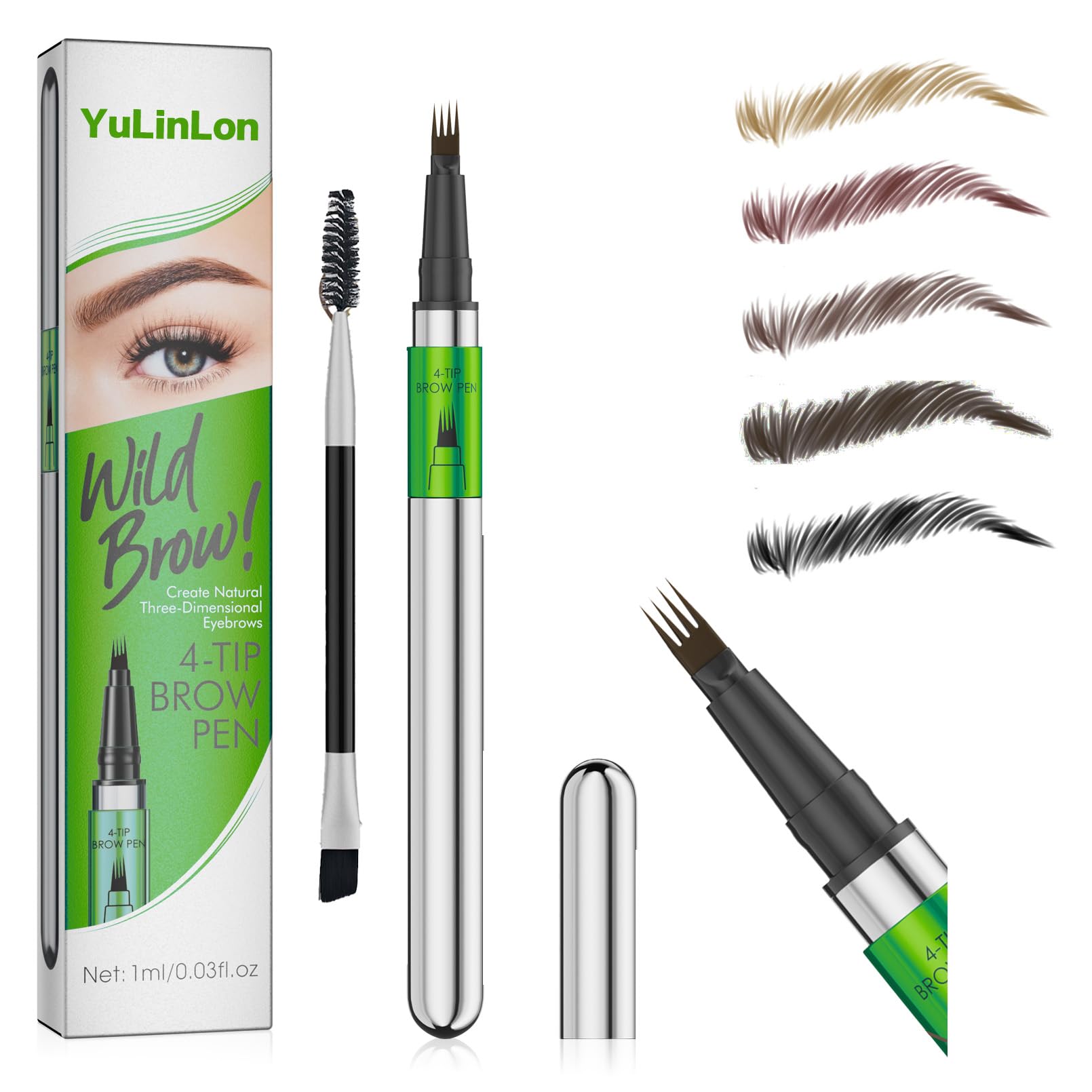 Yulinlon 4-Tip Eyebrow Pen – Waterproof 3D Natural Brows, 1ml 05 Black