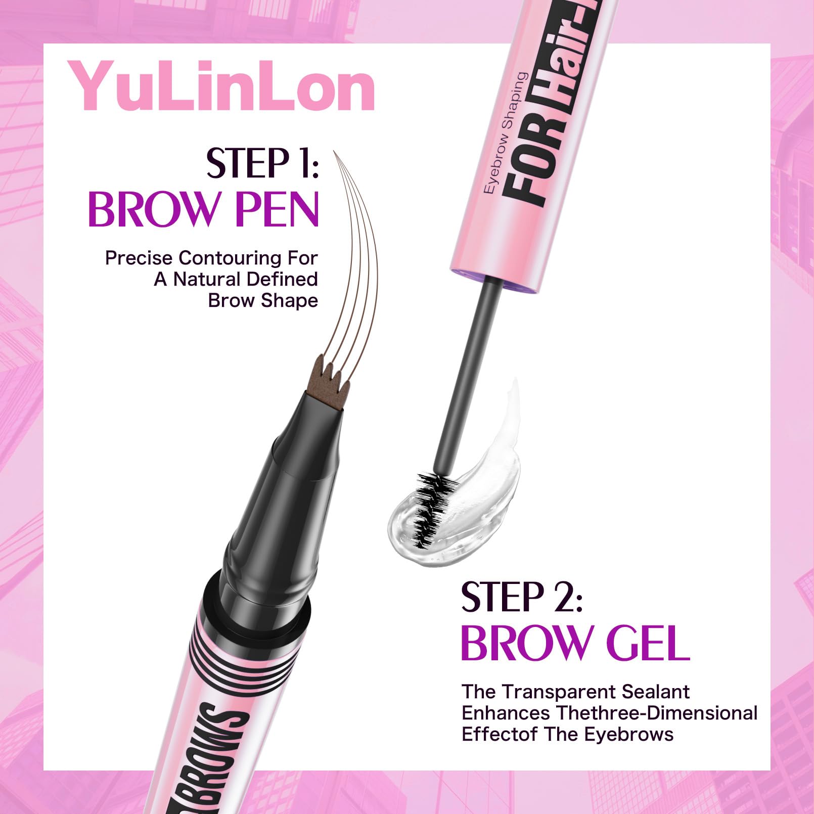 Yulinlon 2-in-1 Eyebrow Pen & Gel - 4-Tip Precision, Waterproof, 5 Natural Shades (02 Brown)
