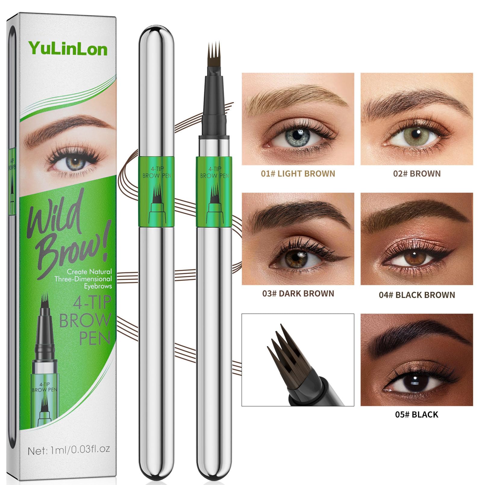 Yulinlon 4-Tip Eyebrow Pen - Waterproof Micro-Fork Brow Tattoo Pen (01# LIGHT BROWN) - 1ml
