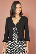 Yumi Black Tie Up Ribbed Cardigan With Frill Hem