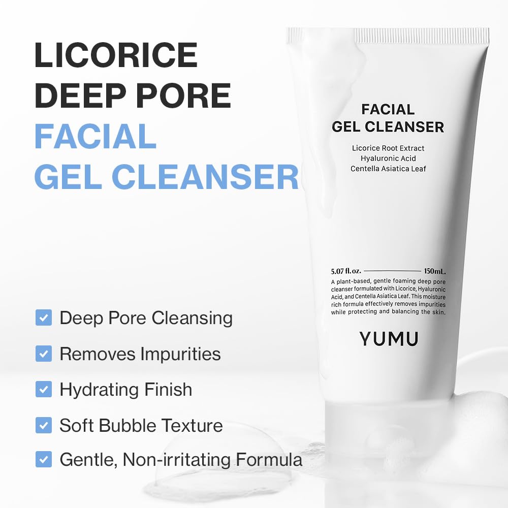 YUMU Licorice Deep Pore Facial Cleanser – Hydrating Gel Cleanser with Centella Asiatica, Ceramide NP & Hyaluronic Acid (150ml)