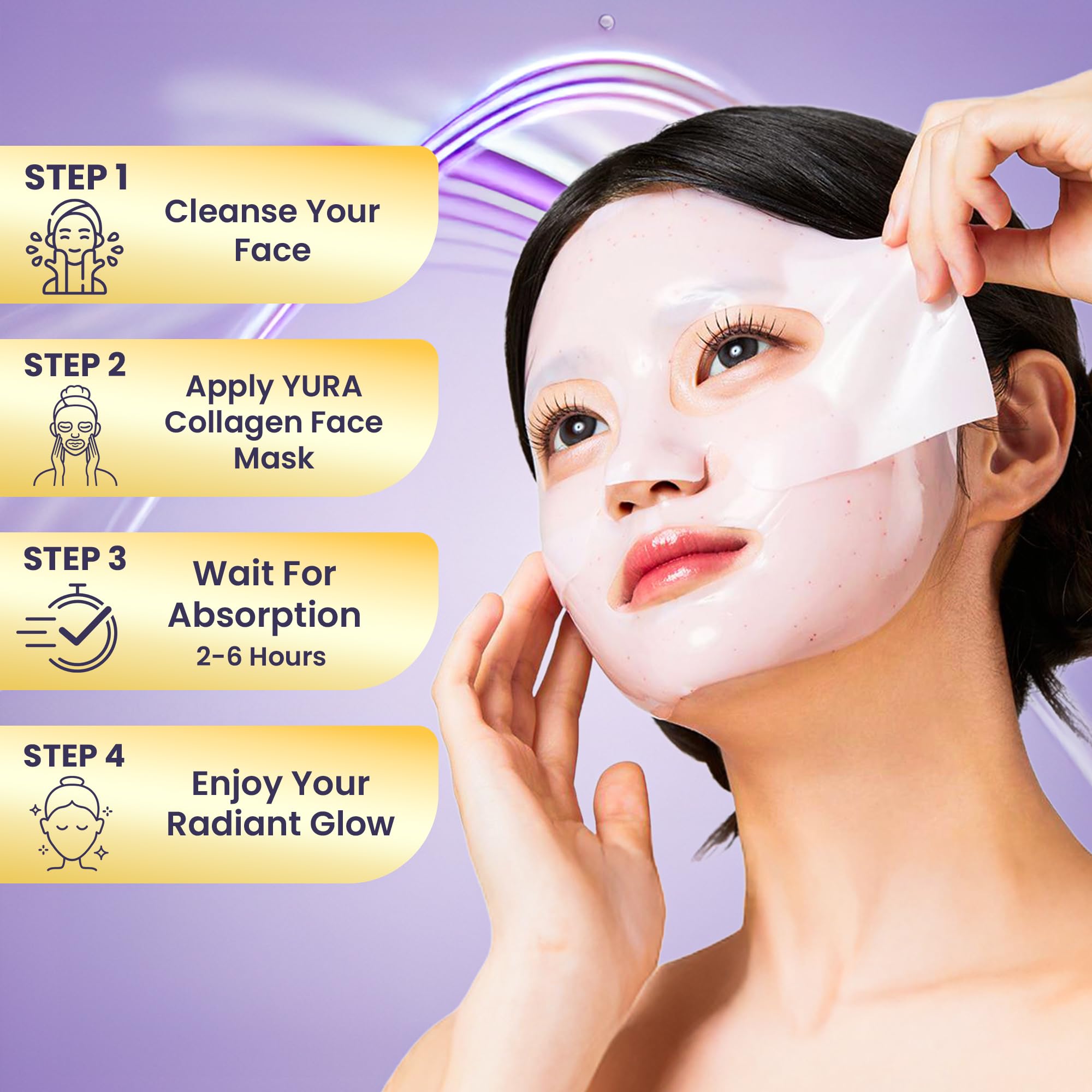 Yura Clean Collagen Face Mask – Korean Overnight Bio-Collagen Sheet Mask for Glowing, Hydrated & Firm Skin – 4 Pack