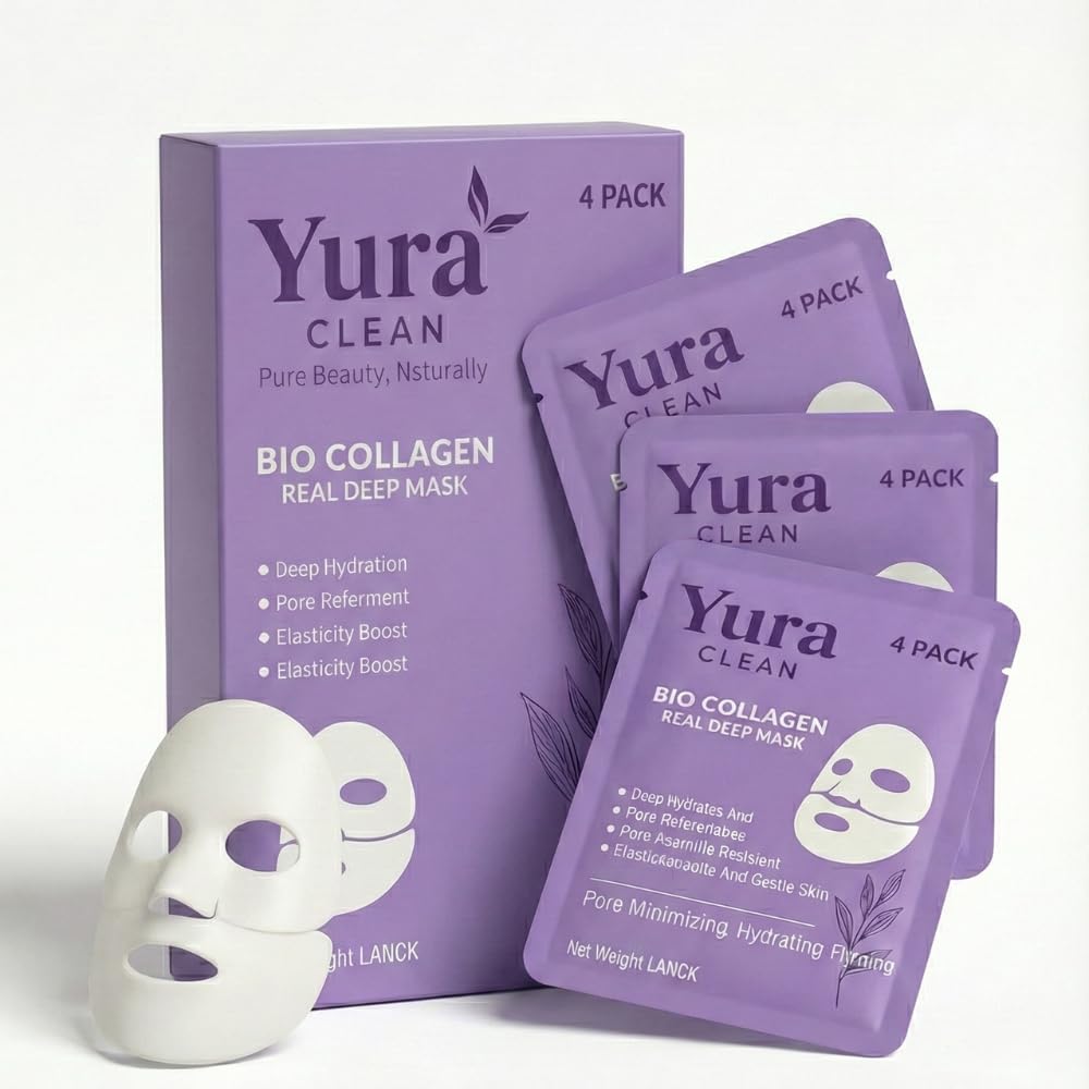 Yura Clean Collagen Face Mask – Korean Overnight Bio-Collagen Sheet Mask for Glowing, Hydrated & Firm Skin – 4 Pack