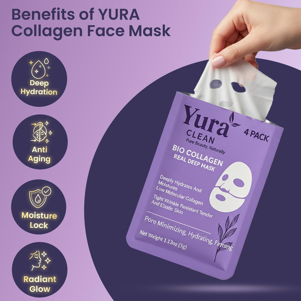 Yura Clean Collagen Face Mask – Korean Overnight Bio-Collagen Sheet Mask for Glowing, Hydrated & Firm Skin – 4 Pack