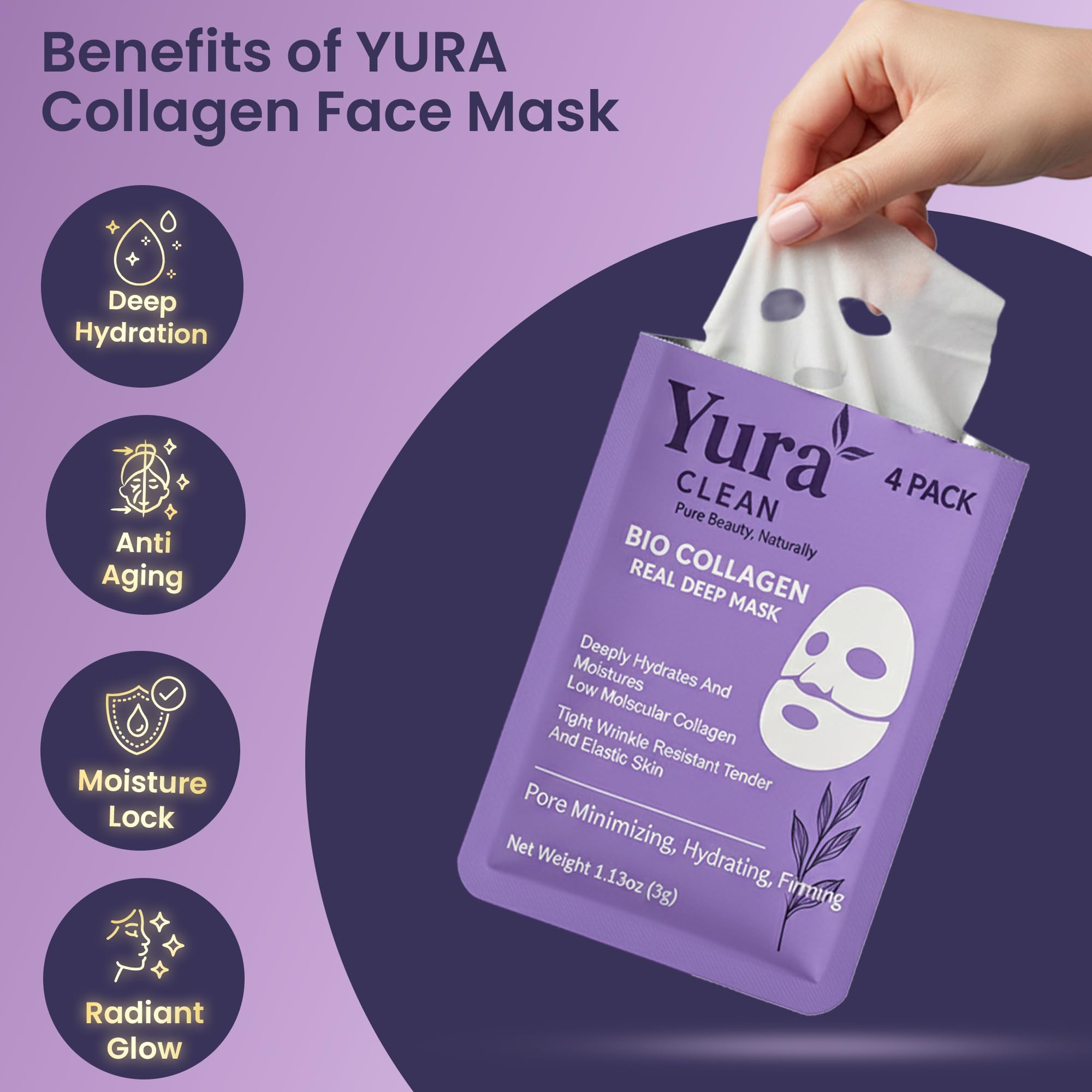 Yura Clean Collagen Face Mask – Korean Overnight Bio-Collagen Sheet Mask for Glowing, Hydrated & Firm Skin – 4 Pack