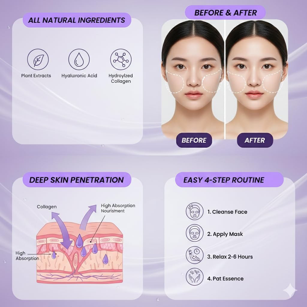 Yura Clean Collagen Face Mask – Korean Overnight Bio-Collagen Sheet Mask for Glowing, Hydrated & Firm Skin – 4 Pack