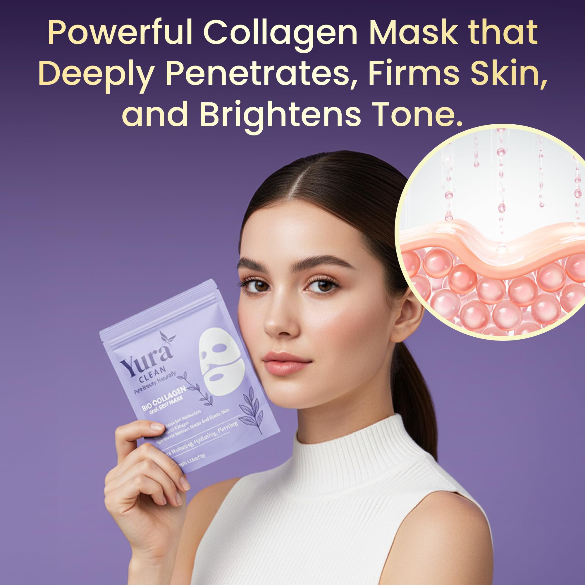 Yura Clean Collagen Face Mask – Korean Overnight Bio-Collagen Sheet Mask for Glowing, Hydrated & Firm Skin – 4 Pack