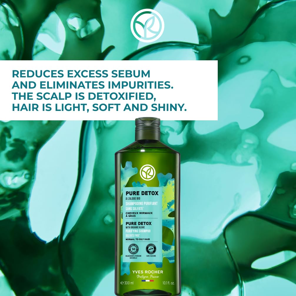 Yves Rocher Pure Detox Purifying Shampoo with Organic Algae – Sulfate-Free for Normal & Oily Hair (300 ml)