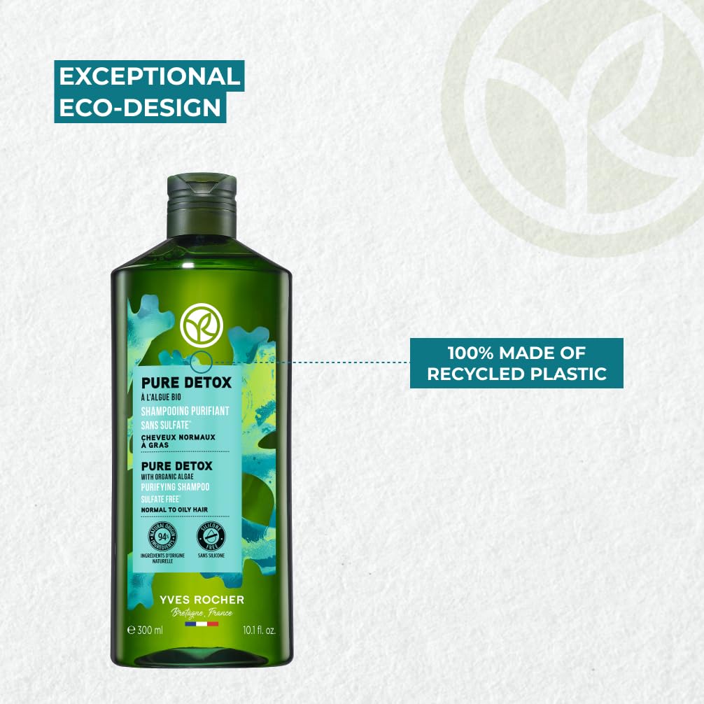 Yves Rocher Pure Detox Purifying Shampoo with Organic Algae – Sulfate-Free for Normal & Oily Hair (300 ml)