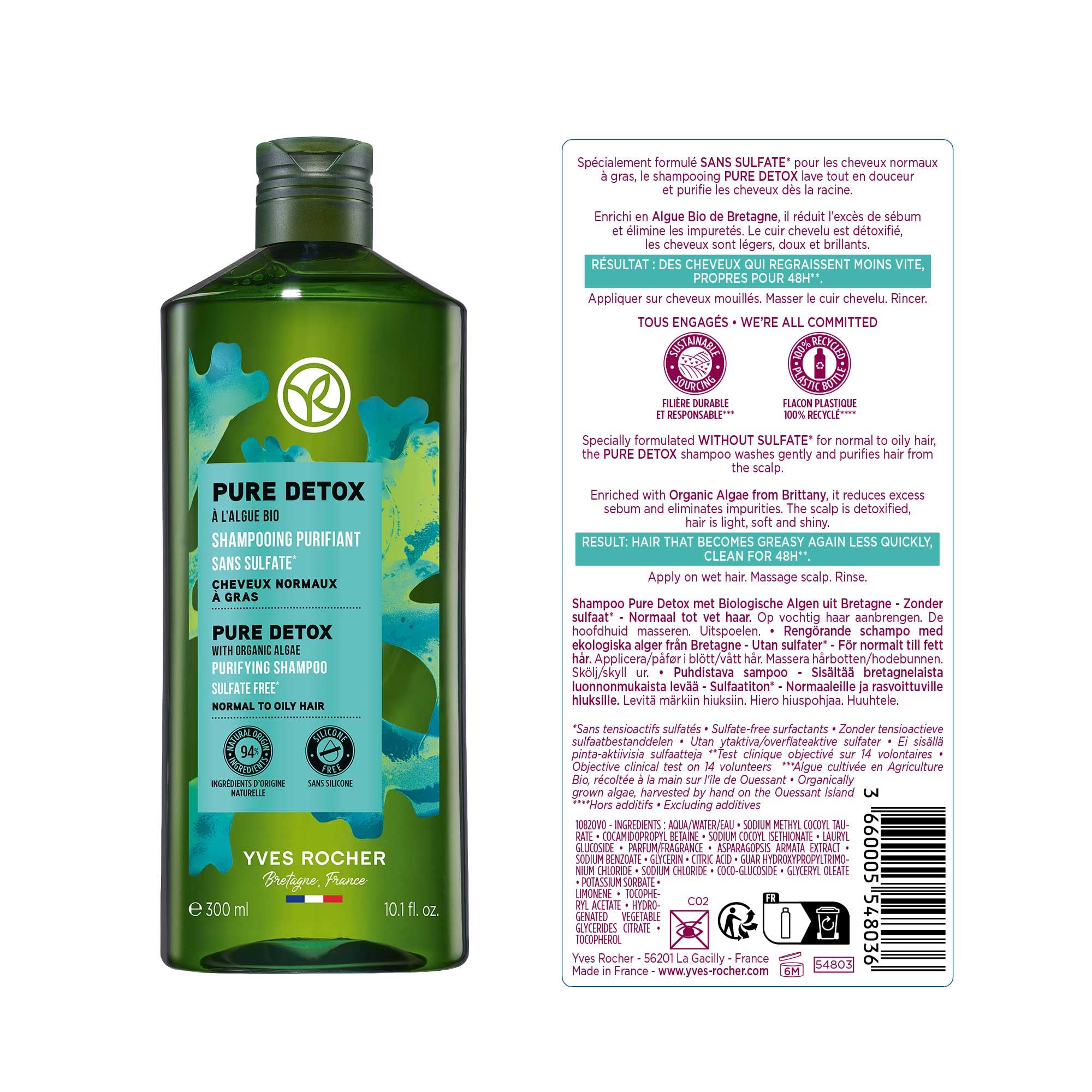 Yves Rocher Pure Detox Purifying Shampoo with Organic Algae – Sulfate-Free for Normal & Oily Hair (300 ml)