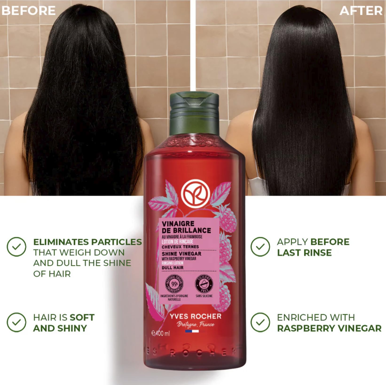 Yves Rocher Raspberry Vinegar & Shampoo Set – Shine, Silkiness & Color Boost (400 ml + 300 ml)