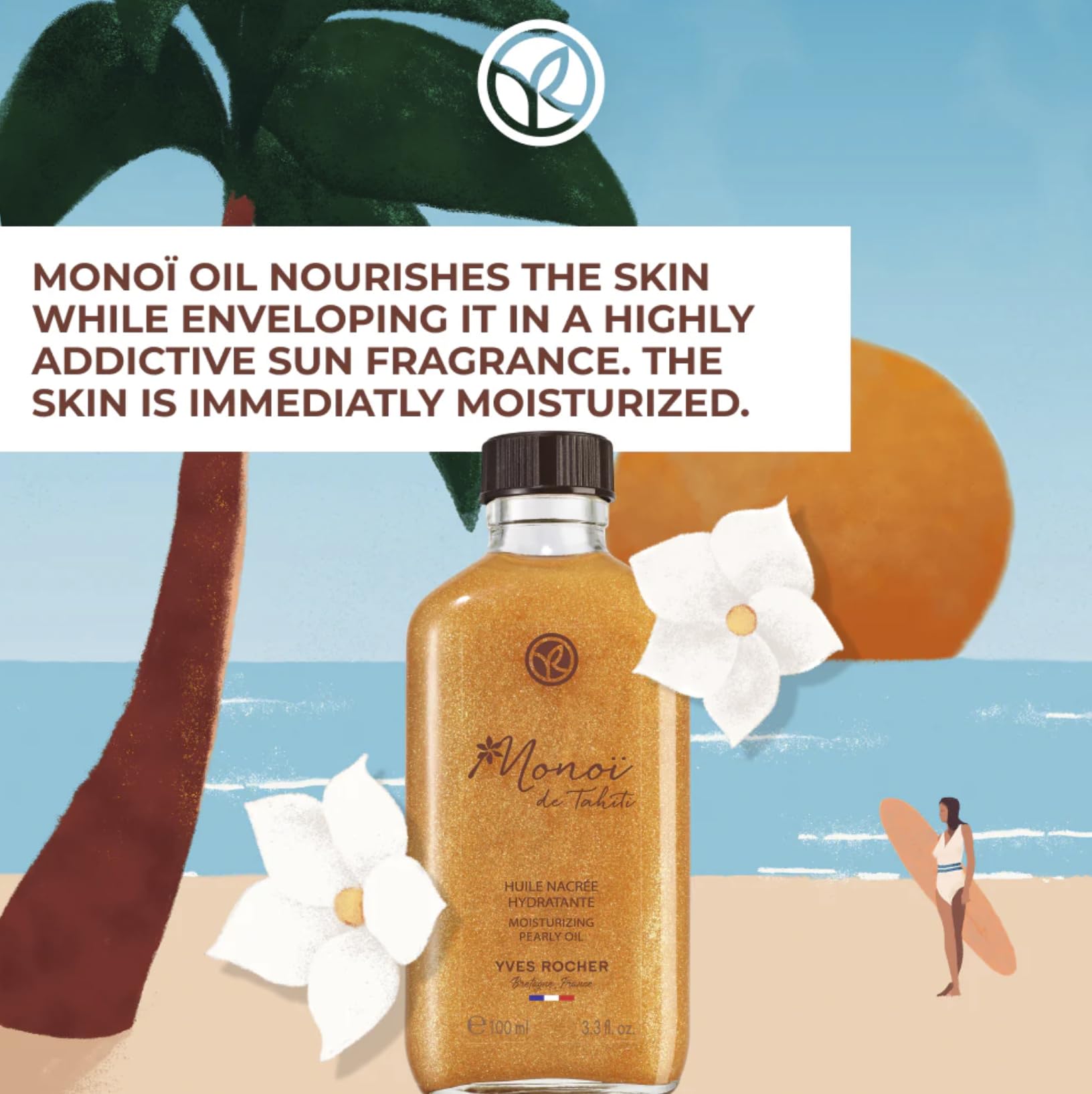 Yves Rocher Monoï de Tahiti Monoi Moisturizing Pearly Body Shimmer Oil – Lightweight Hydration & Glow