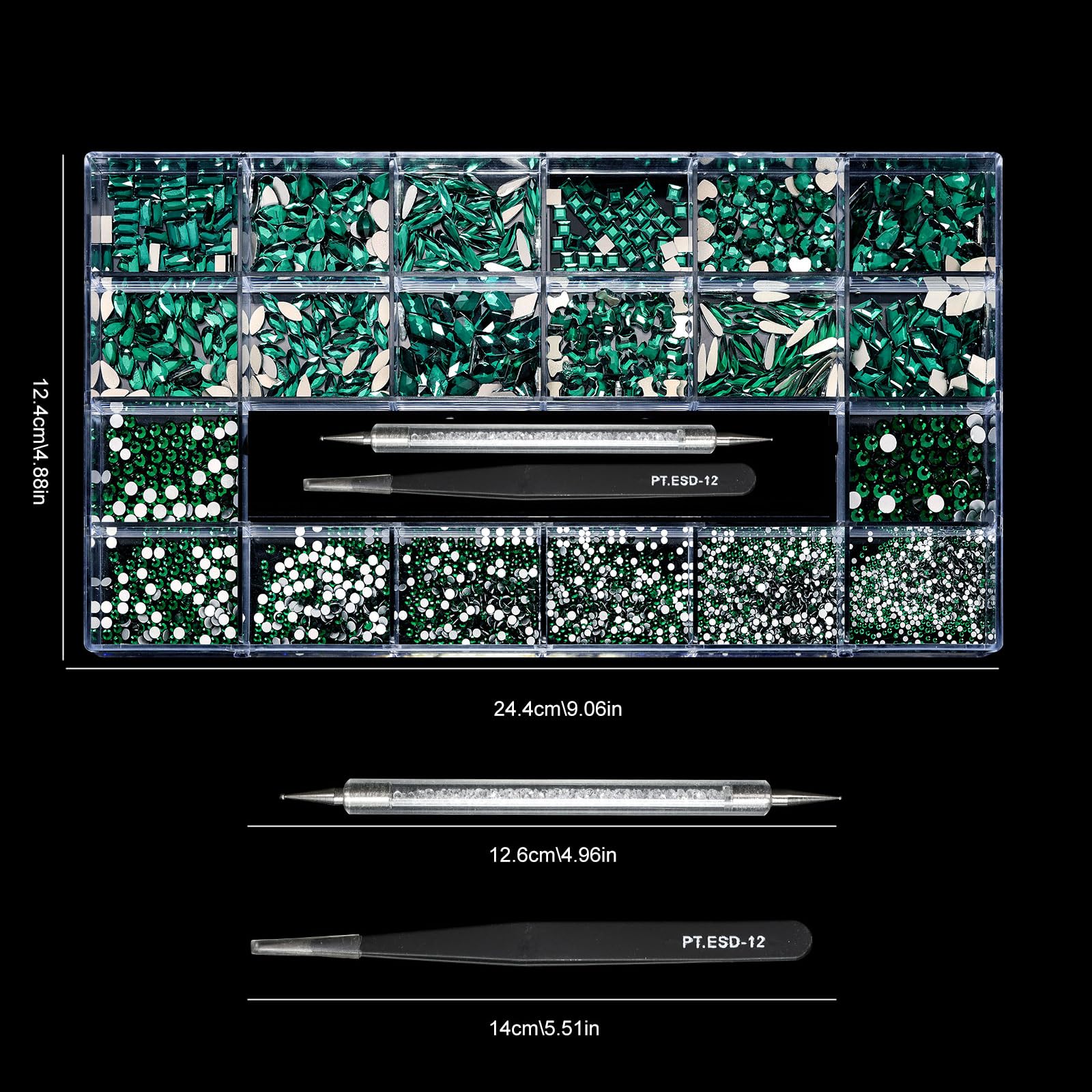 Yzzseven 12 Types Green 600 Diamonds + 2500 Flat Rhinestones – DIY Nail Art Crystal Kit with Tweezers & Drill Pen