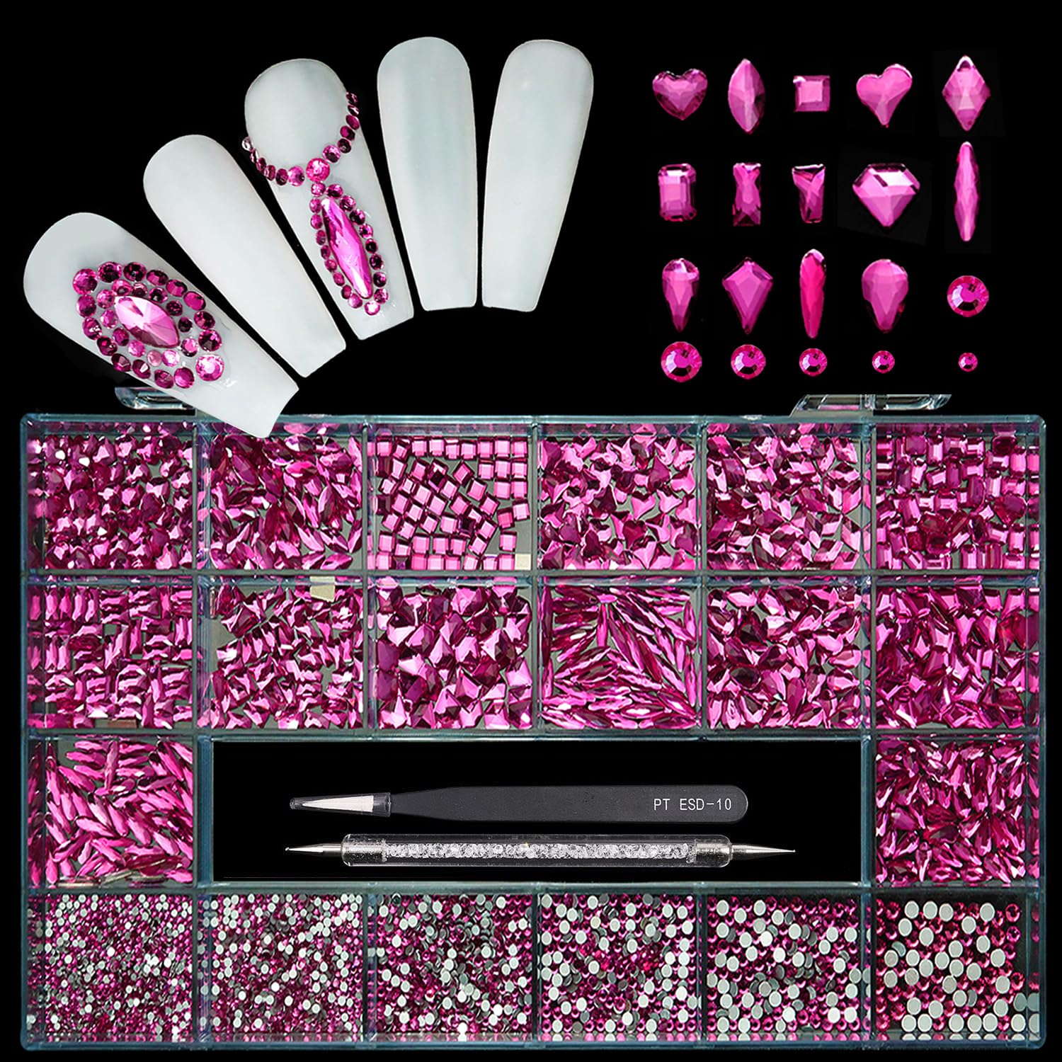 Yzzseven Rose Pink Diamonds & 2100 Flat Rhinestones – 20 Styles DIY Nail Art Crystals