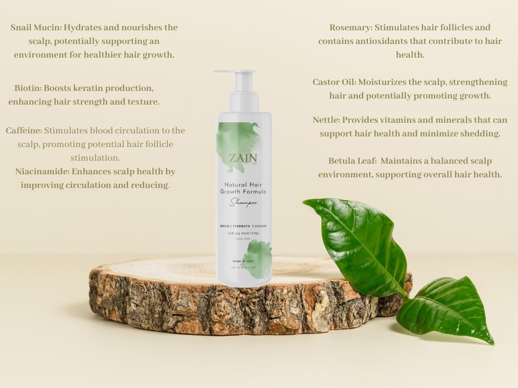 ZAIN1.618 Natural Hair Growth Shampoo with Snail Mucin, Rosemary, Biotin, Niacinamide, Castor Oil & Caffeine | Mimosa Scent, 8.45 oz, pH 5.2
