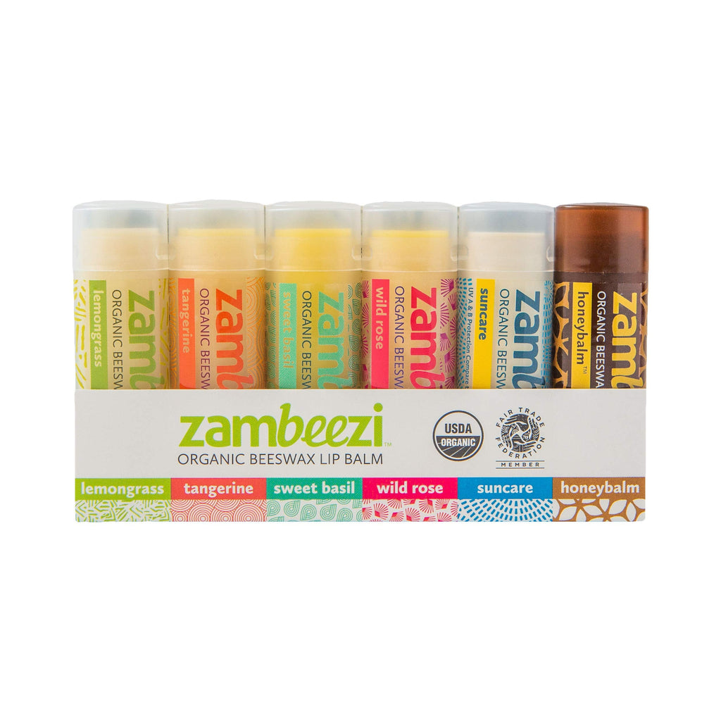 Zambeezi Fair Trade Organic Lip Balm – 6-Pack (Lemongrass, Tangerine, Wild Rose, Sweet Basil, Suncare, Honeybalm) | Ethically Sourced