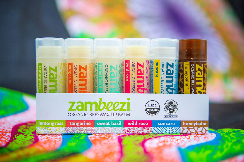 Zambeezi Fair Trade Organic Lip Balm – 6-Pack (Lemongrass, Tangerine, Wild Rose, Sweet Basil, Suncare, Honeybalm) | Ethically Sourced