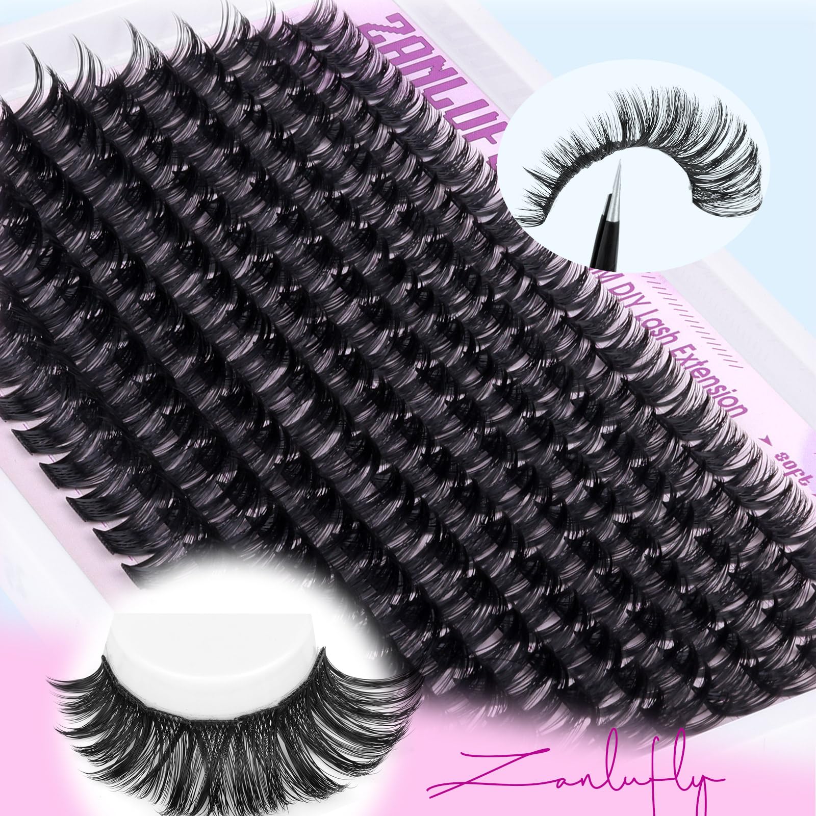 Zanlufly Lash Clusters Wispy Eyelash Extensions 200PCS DIY D-Curl 10-18mm