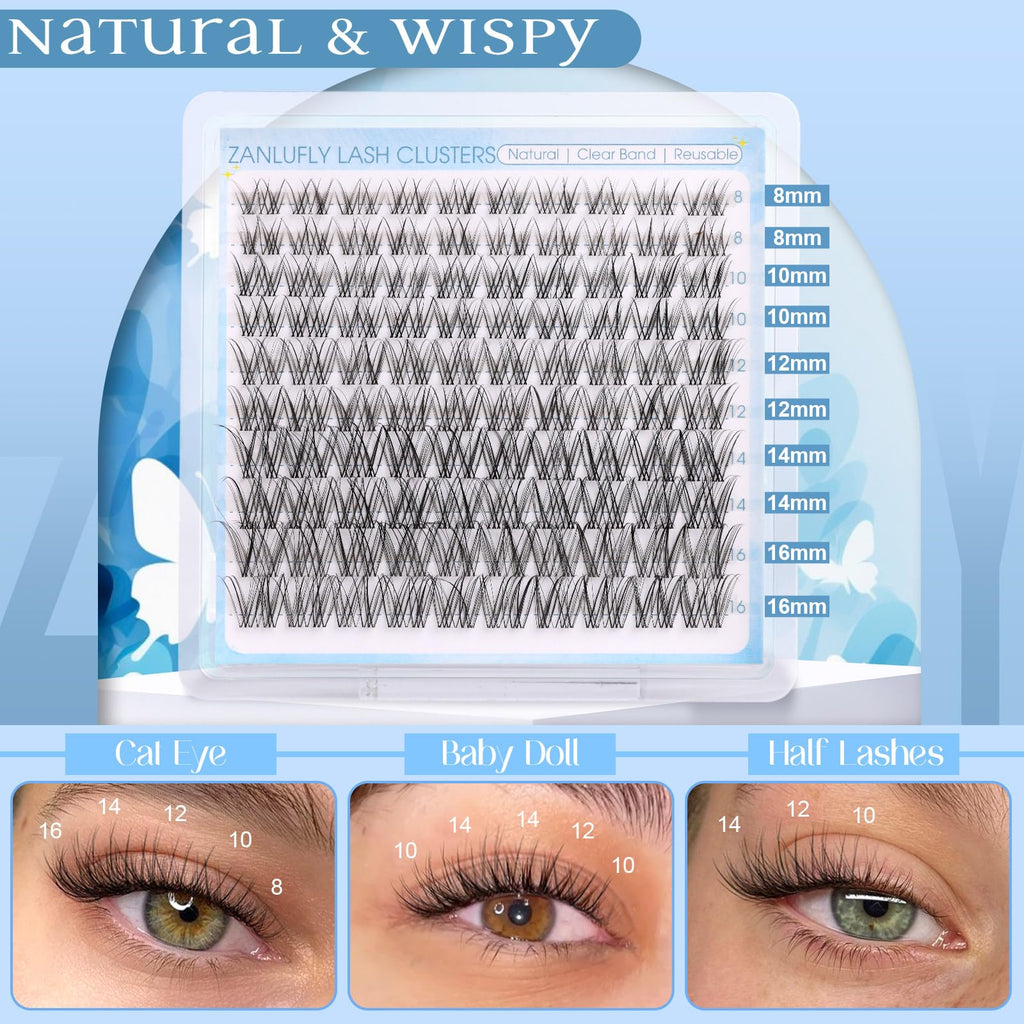 ZANLUFLY Natural Lash Clusters Kit – Invisible Band Wispy DIY Lashes (8–16mm)