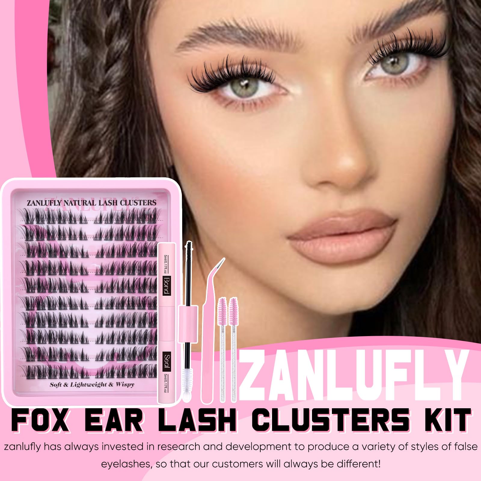 Zanlufly Lash Clusters Kit – Cat Eye Wispy Lashes 9-15mm, 120Pcs with Bond & Seal
