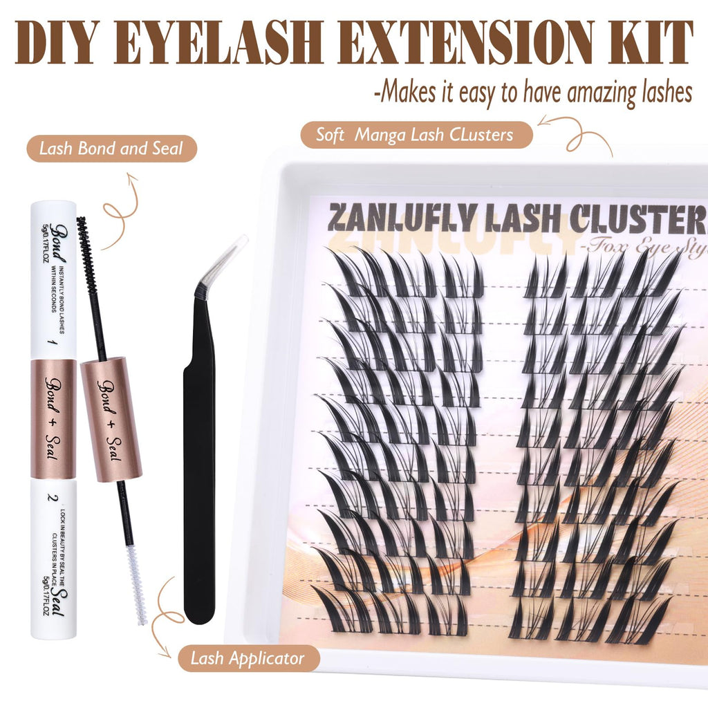 zanlufly Lash Clusters Kit Fox Eye Manga Lash Extensions Kit DIY Eyelashes