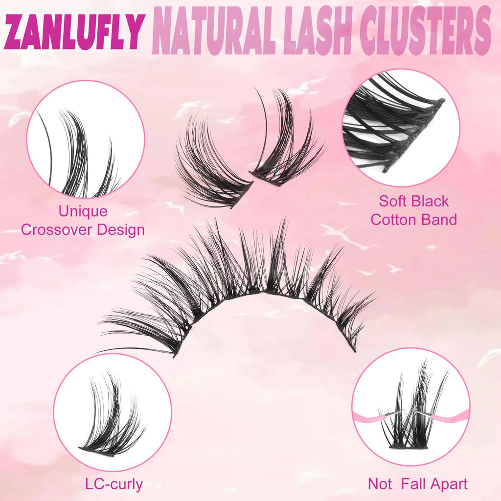 Zanlufly Lash Clusters Kit – Cat Eye Wispy Lashes 9-15mm, 120Pcs with Bond & Seal