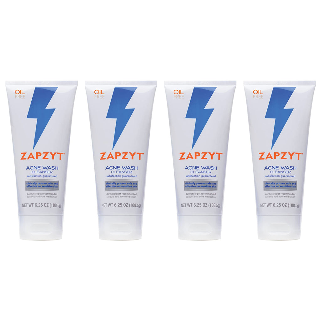 Zapzyt Acne Wash with 2% Salicylic Acid – 6.25 oz (Pack of 4) | Oil-Free, Fragrance-Free
