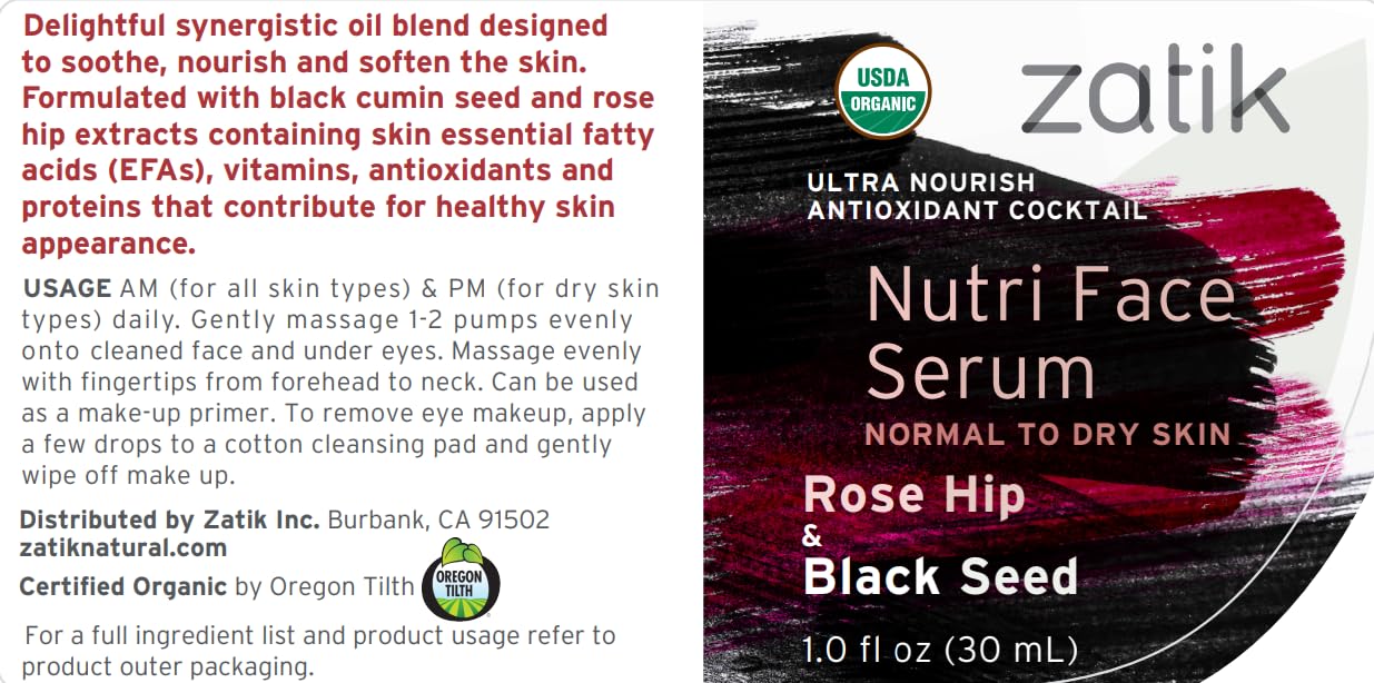 Zatik Naturals Nutri Face Serum – Rose Hip & Black Seed Oil, USDA Organic, Vegan & pH Balanced
