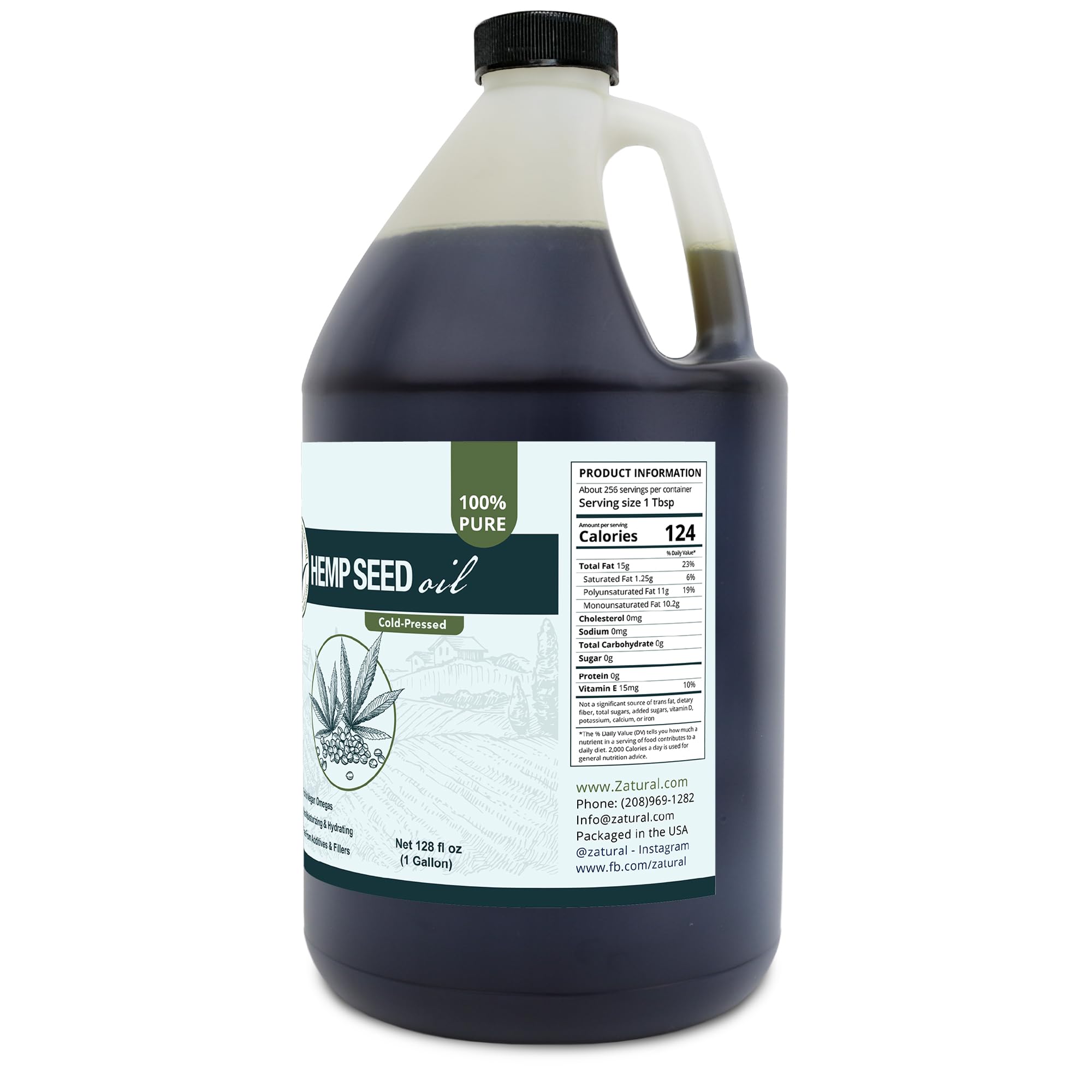 Zatural Hemp Oil 100% Pure Cold Pressed High Omegas 3 & 6 - 1 Gallon