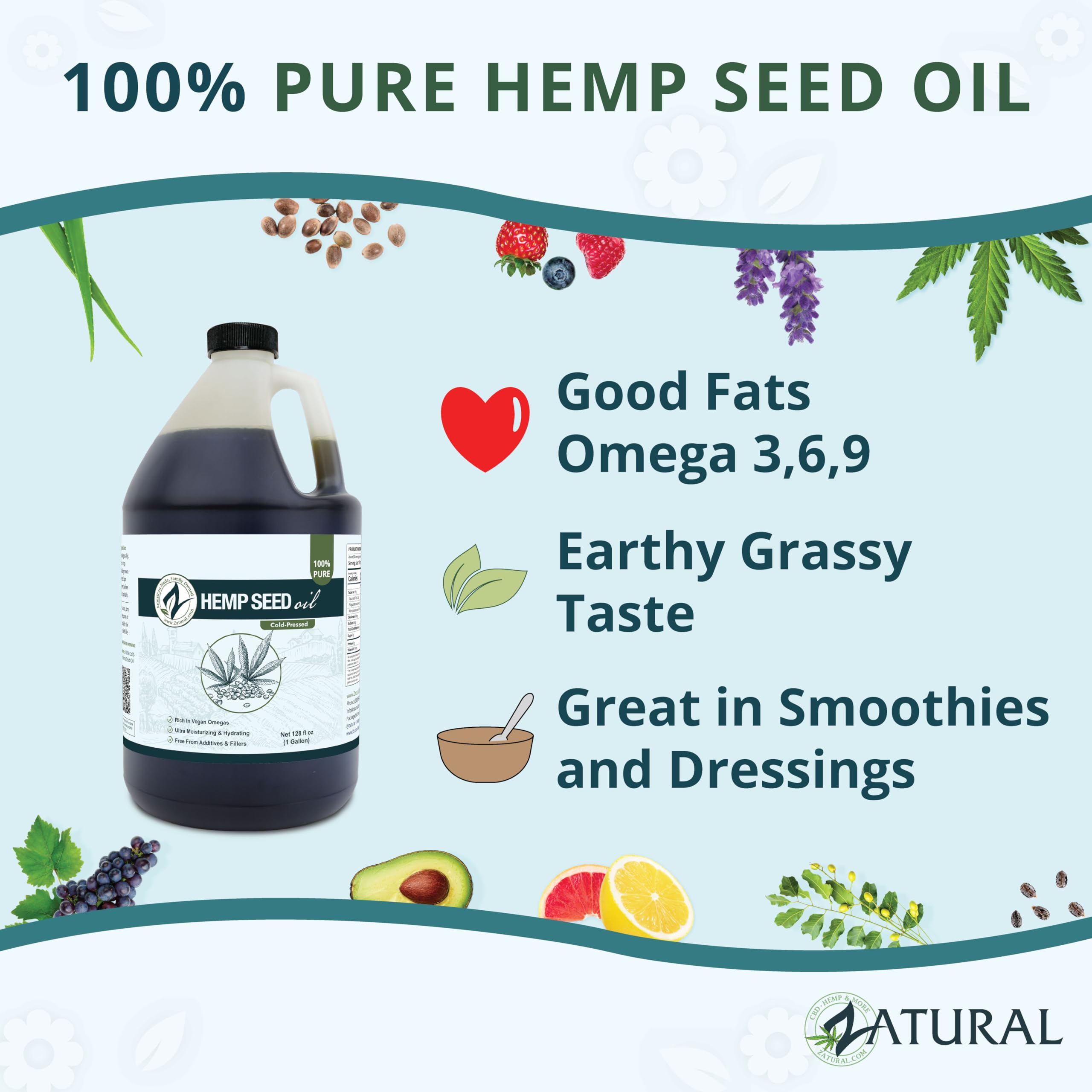Zatural Hemp Oil 100% Pure Cold Pressed High Omegas 3 & 6 - 1 Gallon