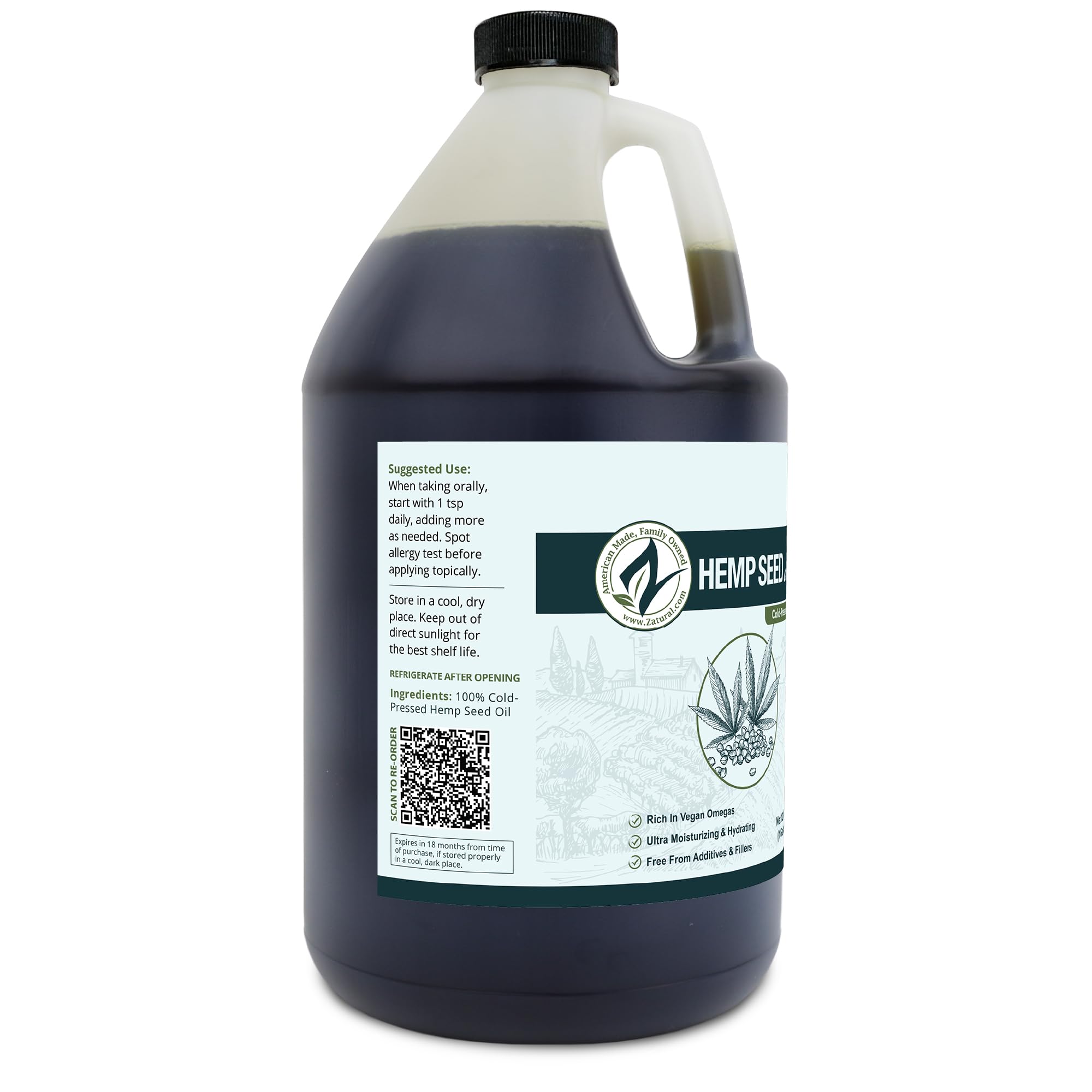 Zatural Hemp Oil 100% Pure Cold Pressed High Omegas 3 & 6 - 1 Gallon