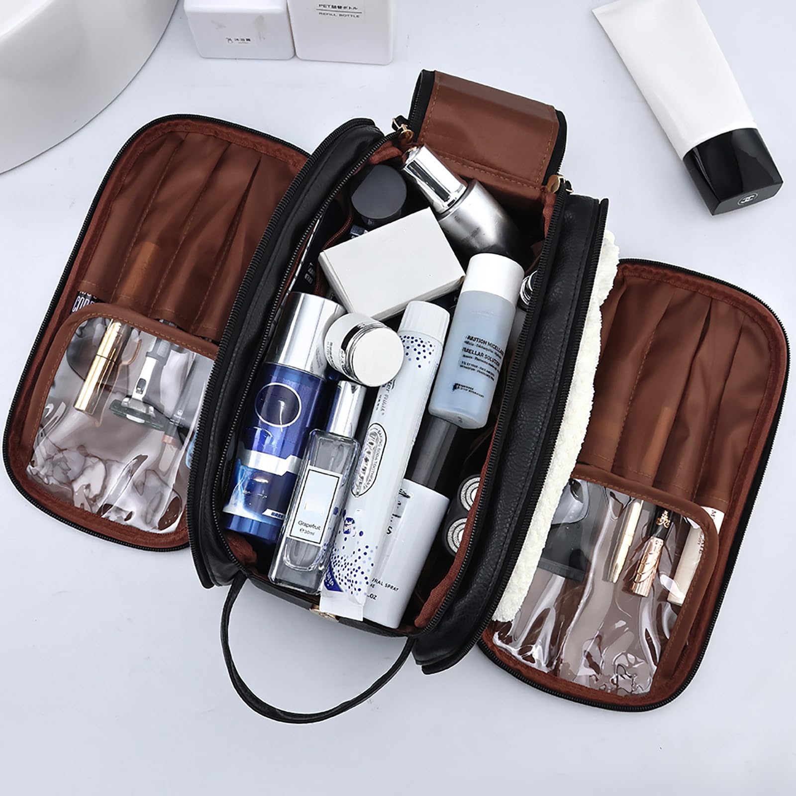 ZCLBJIAHUI Travel Toiletry Bag for Men – Waterproof PU Leather, Triple-Layer with Handle