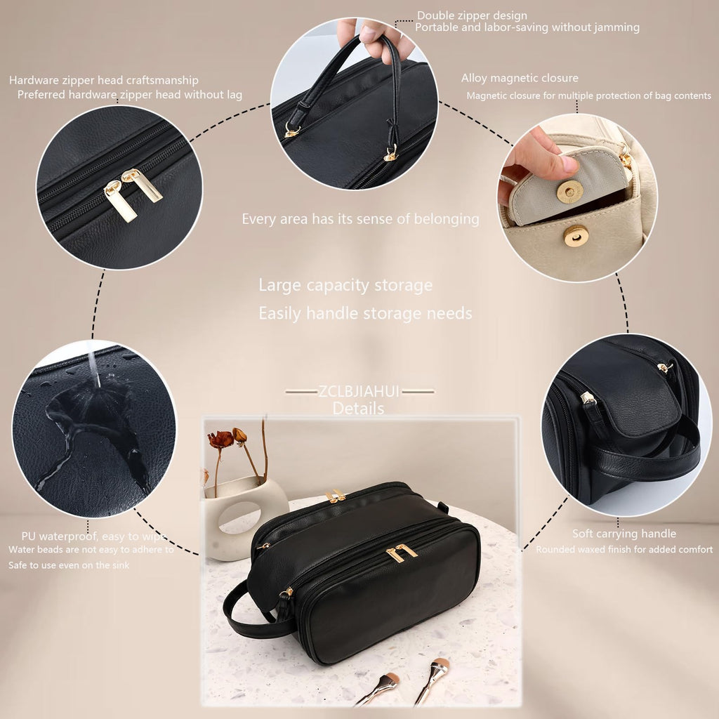 ZCLBJIAHUI Travel Toiletry Bag for Men – Waterproof PU Leather, Triple-Layer with Handle