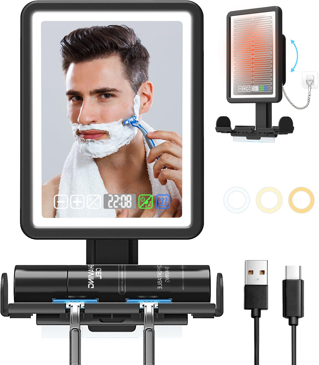 ZDXBO Fogless Shower Mirror with LED Lights, Clock & Storage (Rechargeable)
