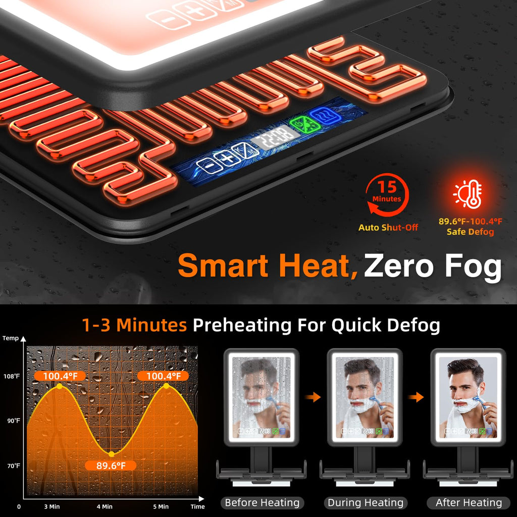 ZDXBO Fogless Shower Mirror with LED Lights, Clock & Storage (Rechargeable)
