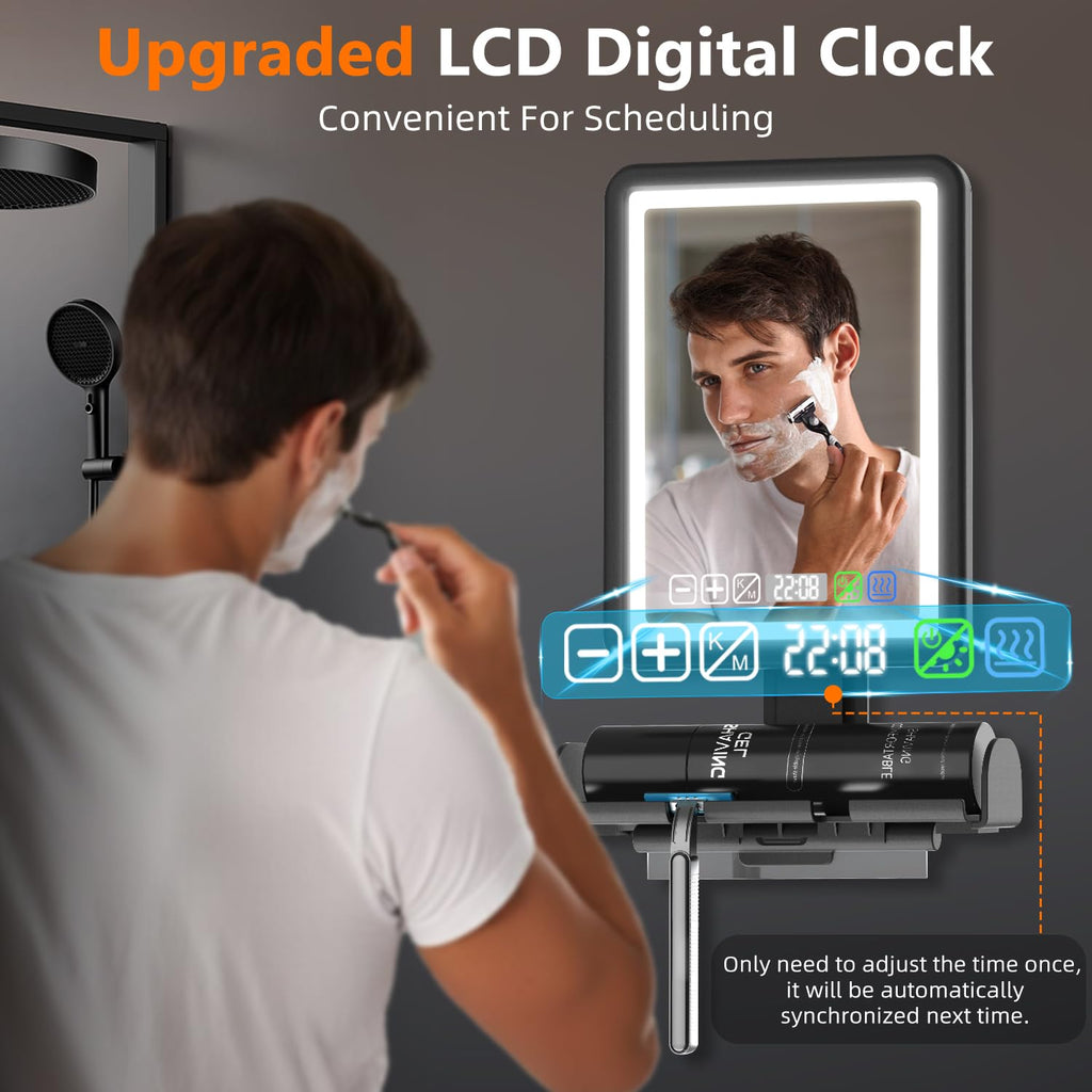 ZDXBO Fogless Shower Mirror with LED Lights, Clock & Storage (Rechargeable)