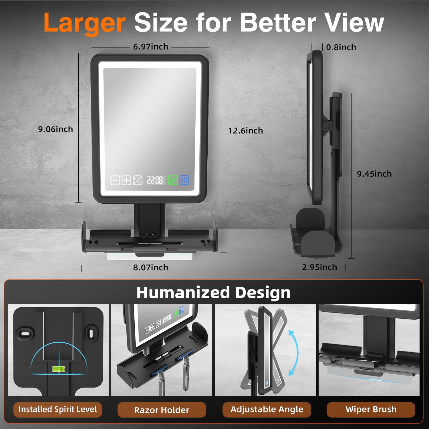 ZDXBO Fogless Shower Mirror with LED Lights, Clock & Storage (Rechargeable)