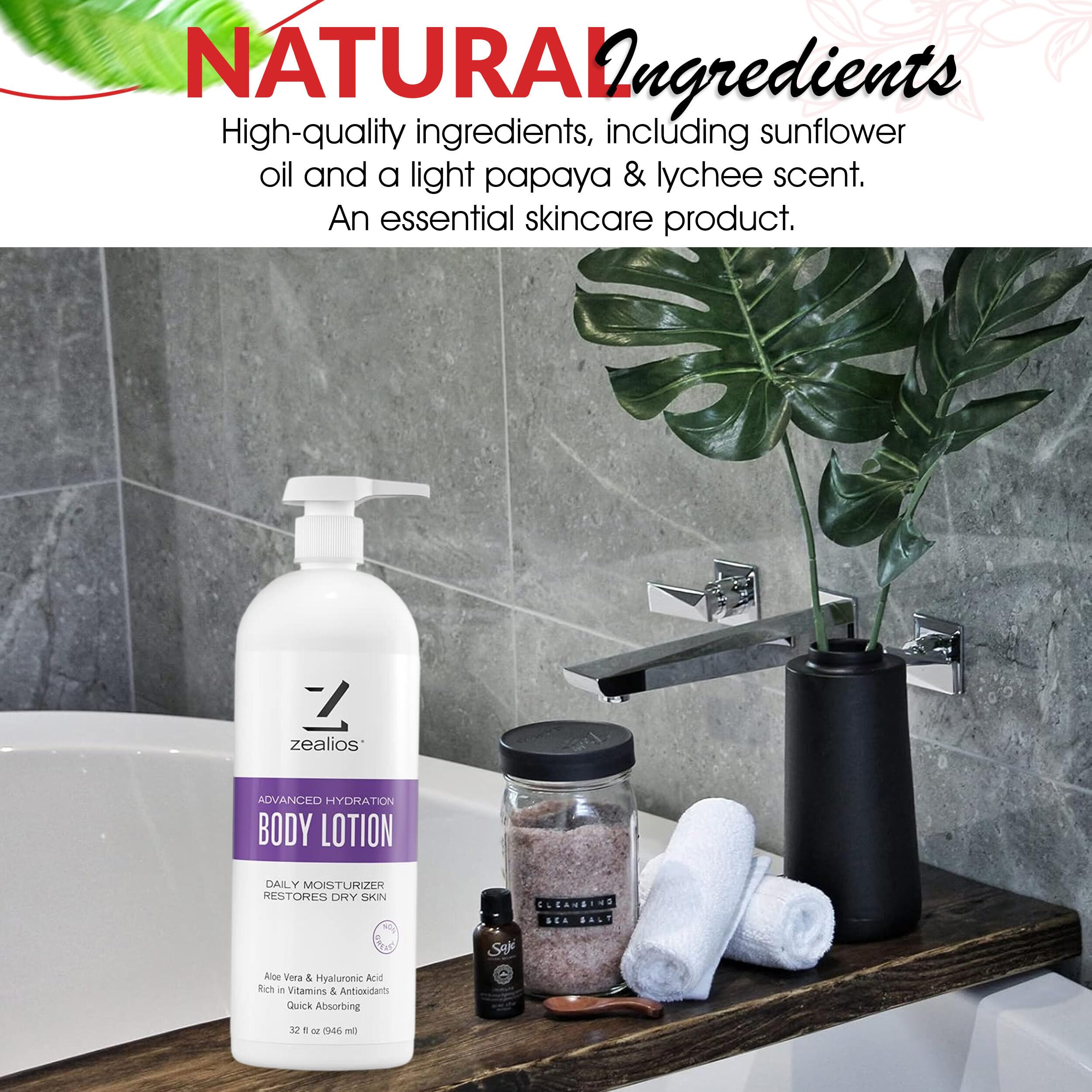 Zealios Advanced Hydration Body Lotion 32oz for Dry Skin – Deep Moisture, Papaya & Lychee Scent