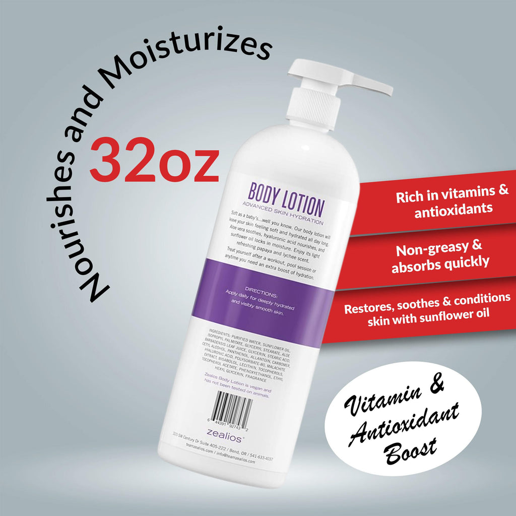 Zealios Advanced Hydration Body Lotion 32oz for Dry Skin – Deep Moisture, Papaya & Lychee Scent