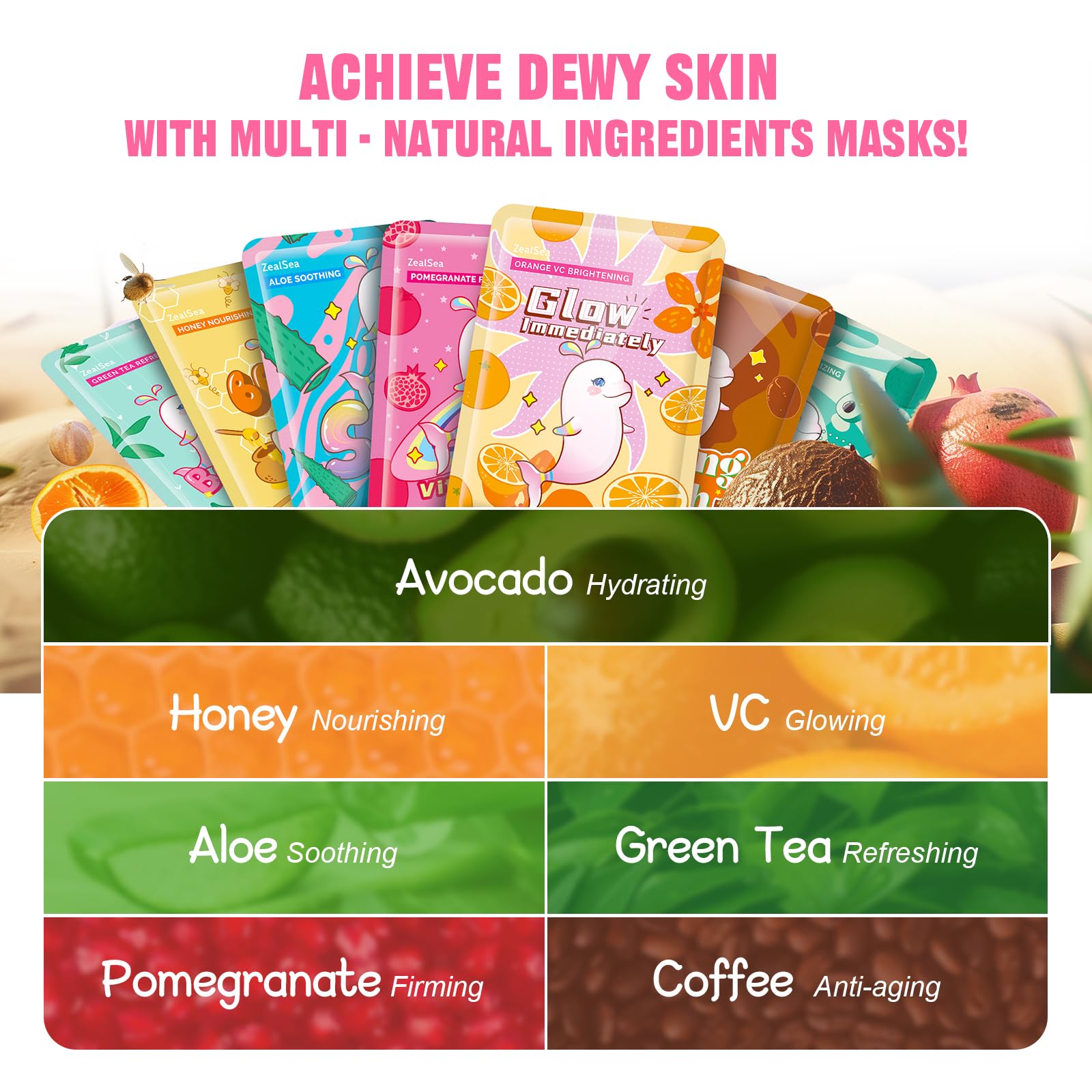ZealSea 28-Piece Face Mask Set – Hydrating & Soothing Sheet Masks for All Skin Types