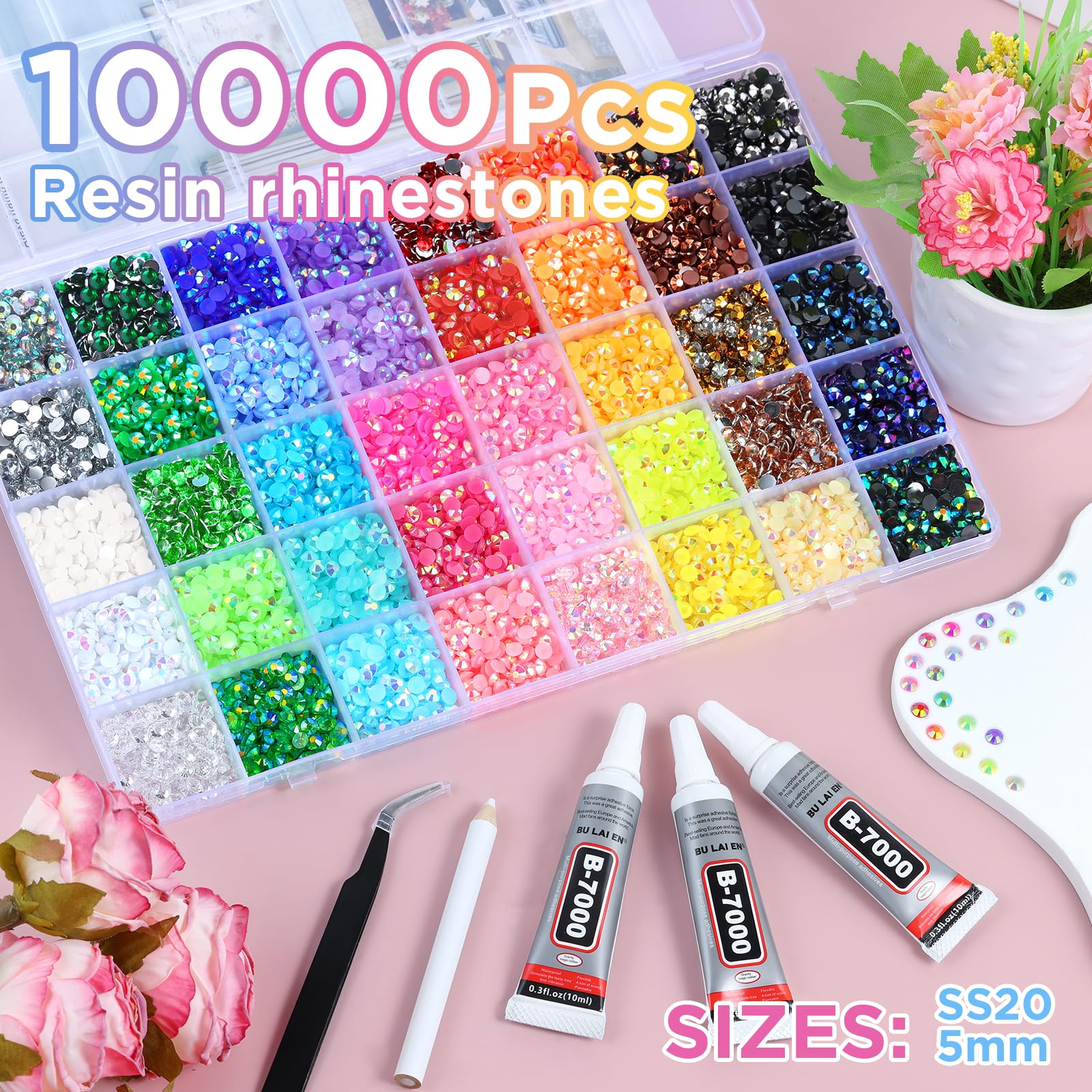 Zefy 40 Colors Resin Jelly Rhinestones Kit – 5mm Flatback Gems, 10,000 Pcs, 3 B7000 Glue, Crafting for Clothing, Shoes, Nails & Diamond Art