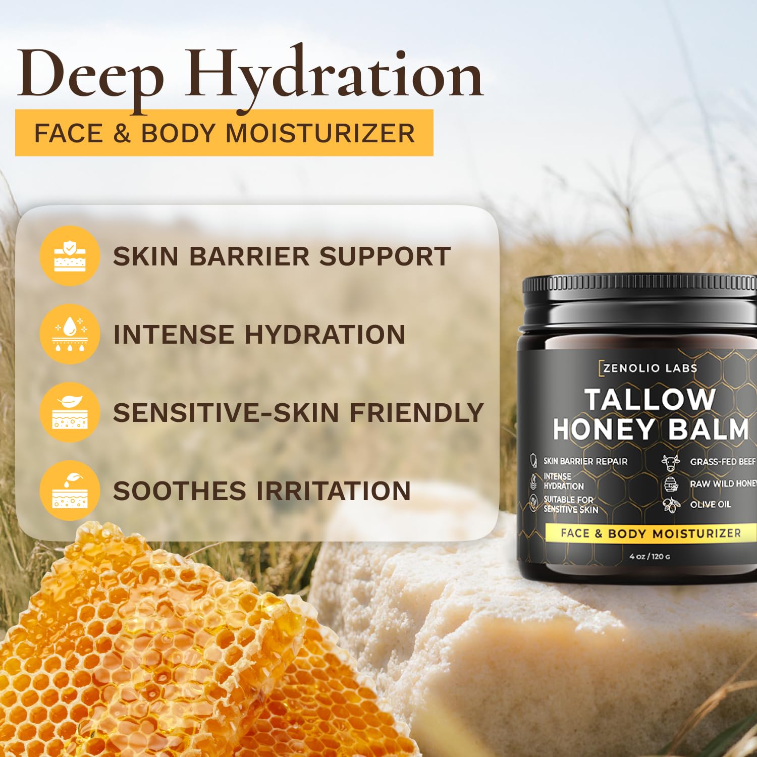 Zenolio Labs Organic Beef Tallow Balm for Face & Body — Whipped Grass-Fed Moisturizer with Raw Honey & Beeswax