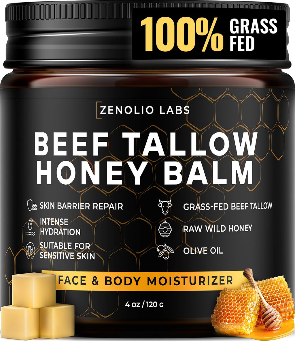 Zenolio Labs Organic Beef Tallow Balm for Face & Body — Whipped Grass-Fed Moisturizer with Raw Honey & Beeswax