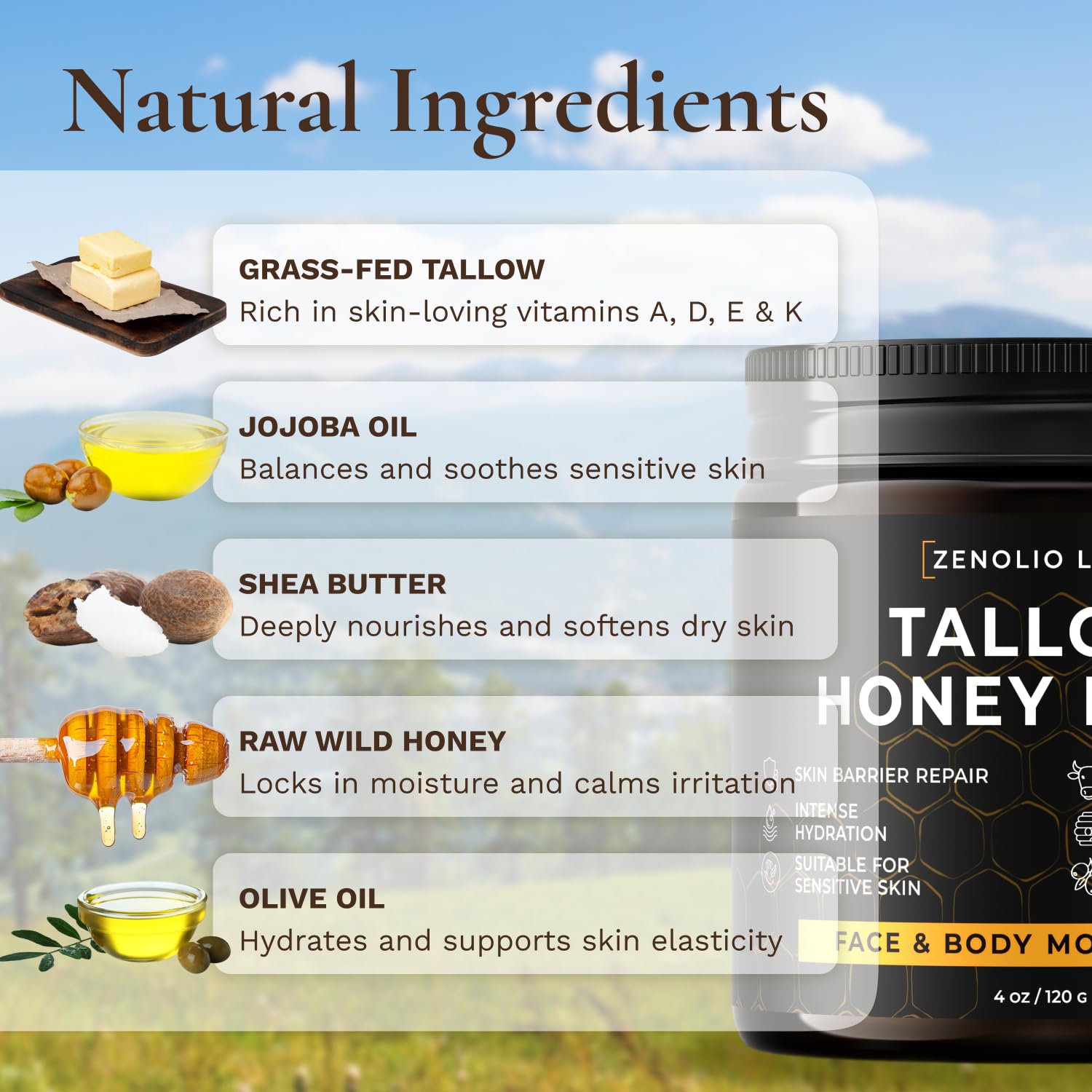 Zenolio Labs Organic Beef Tallow Balm for Face & Body — Whipped Grass-Fed Moisturizer with Raw Honey & Beeswax