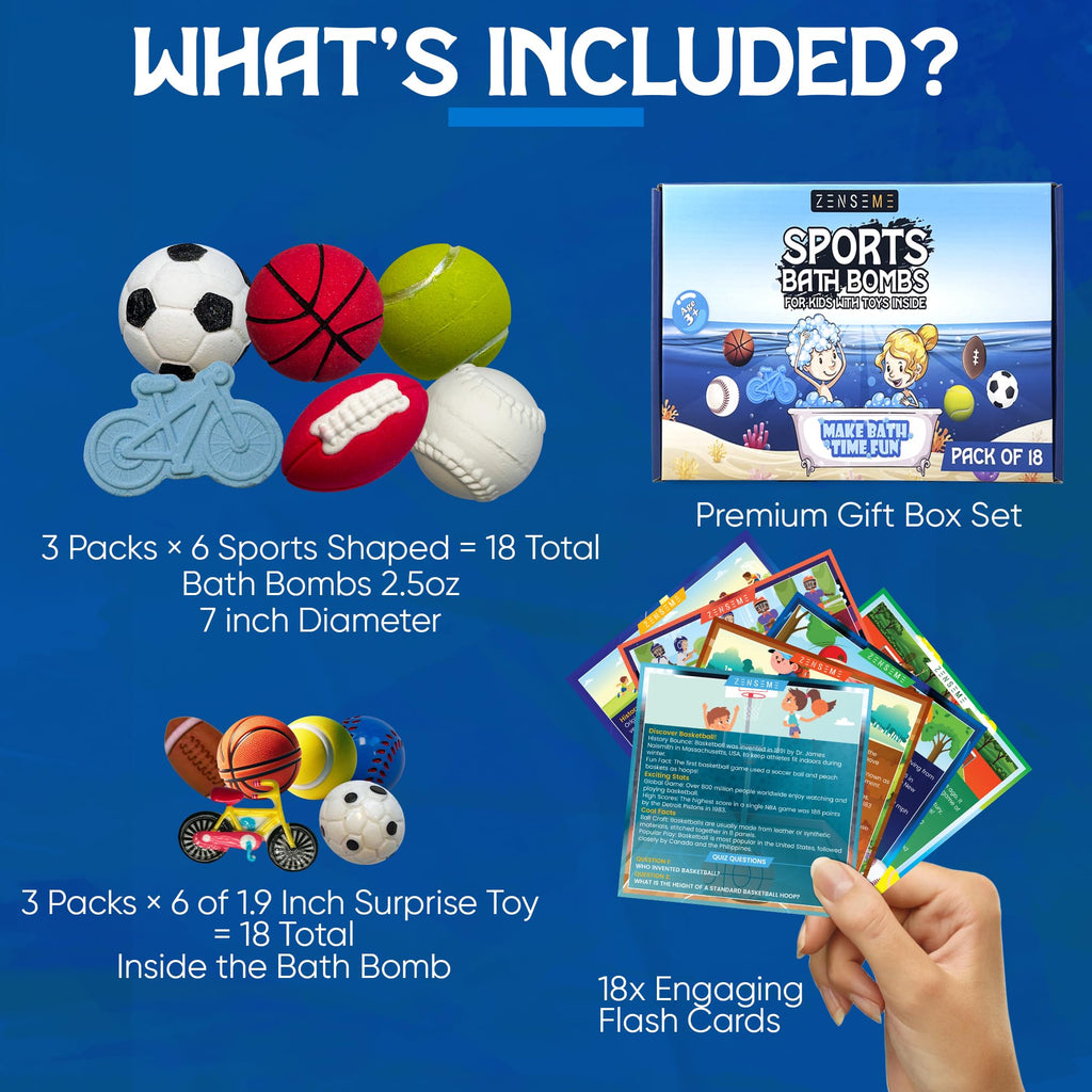 ZenseMe 18-Pack Sports Bath Bombs with Toys Inside – Handmade Organic Kids Gift Set (2.5 oz each)
